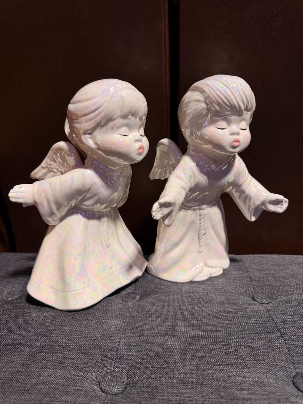 Source Unknown Iridescent White Ceramic Angel Pair